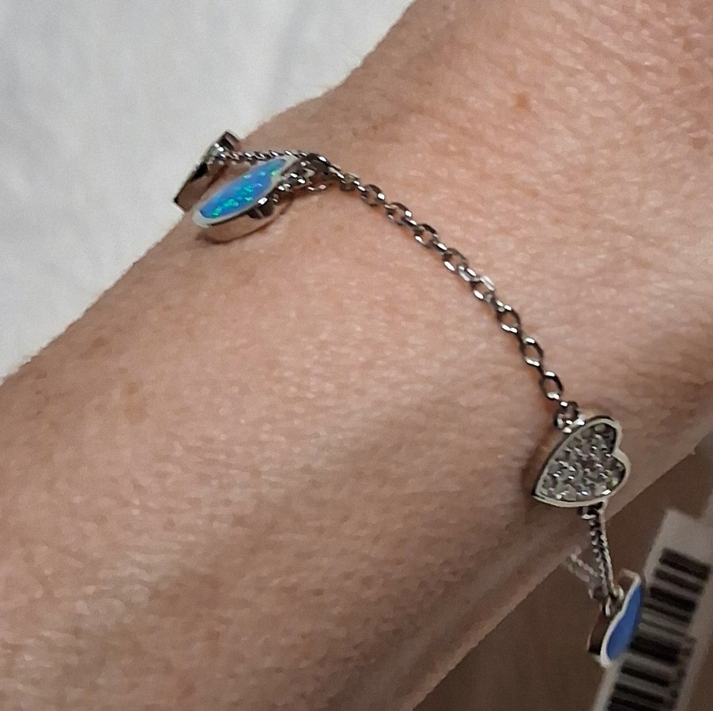 925 Silver Moissanite heart & CreatedOpal dangle heart Bracelet